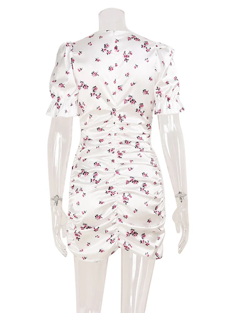 Ahagaga Elegant Women's Mini Dresses Short Puff Sleeves Deep V-Neck Print Pleated Sheath Bodycon Sexy Floral Casual Vestidos