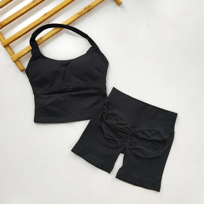 Yoga 2 Pieces Gym Set Women Backless Halter Tops High Waist Seamless Shorts Gym Suit Fitness Sports Bras Sportswear Workout Sets
