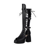 Plus Size Women Black Patent Matte Leather Lace Up Knee High Boots Peep Toe Platform Block Heel Back Zip Gothic Y2K Party Heels