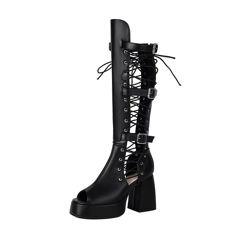 Plus Size Women Black Patent Matte Leather Lace Up Knee High Boots Peep Toe Platform Block Heel Back Zip Gothic Y2K Party Heels