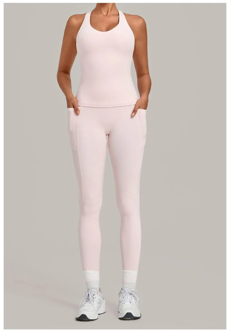 Women's Seamless Yoga Sets Sports Fitness Hip-lifting High Waist Pant Sleeveless Backless Suits Workout Running Leggings Sets