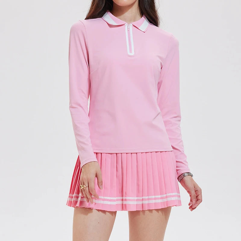 VITALINOVO Tennis Skirt Sets for Women Zipper Color Block Shirts High Waisted Golf Polo Two Piece Skirt Set Women 2 Piece Outfit