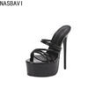 Summer Nightclub Round Toe Peep Toe 16cm Extreme Platform High Heels Slippers Ladies Sexy Model Strap Sandals Mules Slides Shoes
