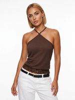 2026 Summer Women's Backless Lace Hem Tank Tops Slim Fit Halter Vest Daily Fashion Going Out Sleeveless Shirts
