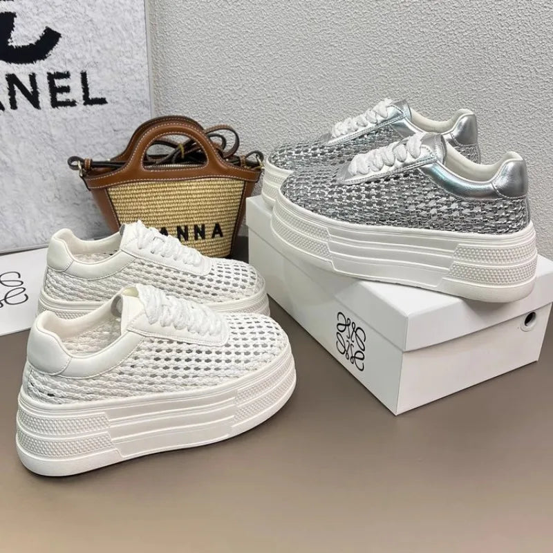 Women's Low Cut Breathable Hollow Out Sneakers Summer Fashion Casual Shoes Thick Bottom Lightweight Versatile