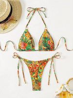 Tropical Print Bikini Set Women's 2026 New 2 Piece Swimsuit Sexy Triangle Halter Backless Thong Swimwear Beach Vacation Wear