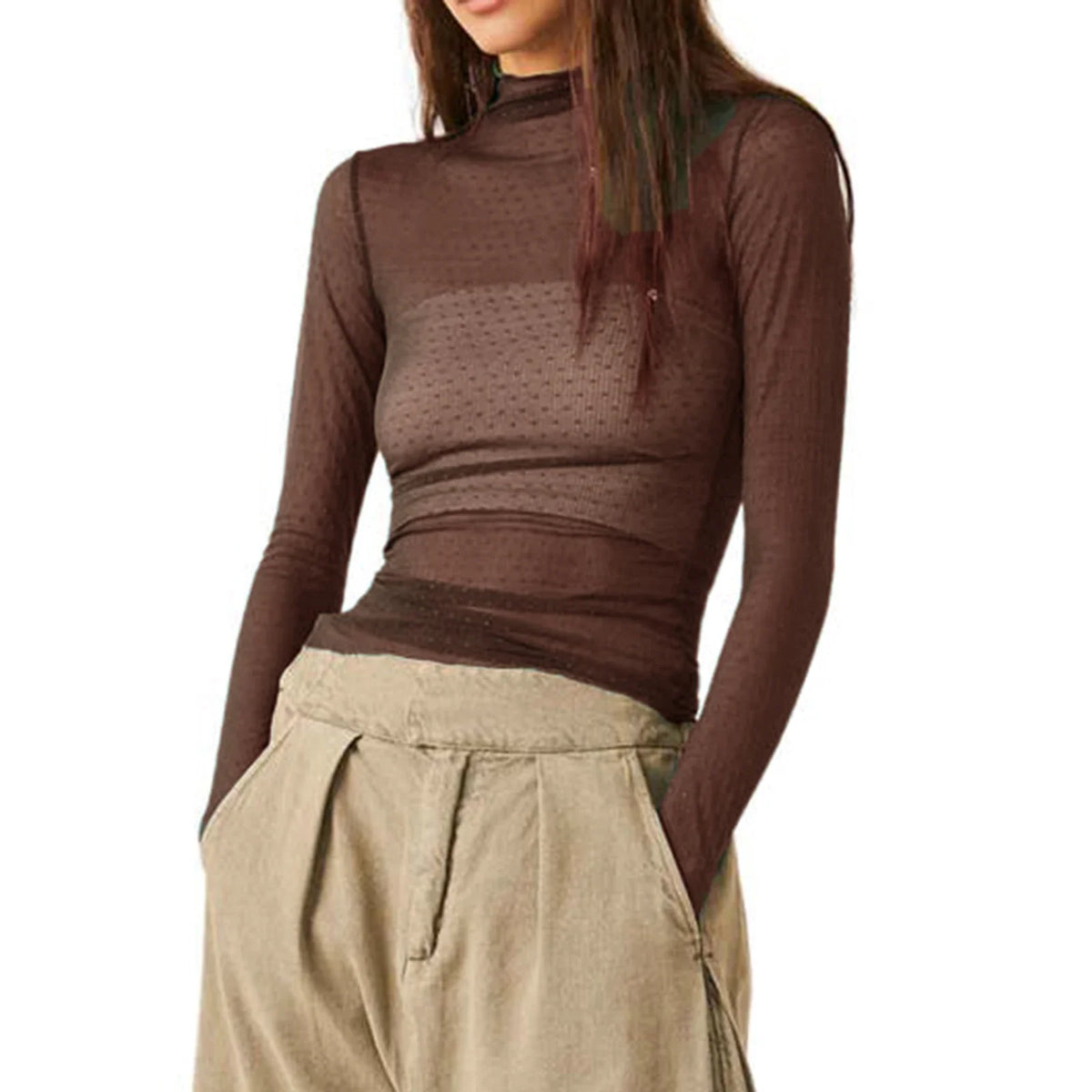 Women Mesh Dot T-shirt Long Sleeve Turtleneck Slim Fit Tee Tops Club Sexy Shirts See Through Cover-ups Smock Summer Fall