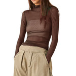 Women Mesh Dot T-shirt Long Sleeve Turtleneck Slim Fit Tee Tops Club Sexy Shirts See Through Cover-ups Smock Summer Fall