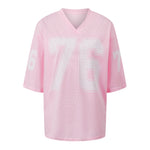 Womens Sporty Jersey Shirts Graphic Number Print Short Sleeve V Neck Loose Fit Tee Tops Summer Casual T-shirt Streetwear