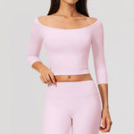 NCLAGEN Yoga Long Sleevetop Women Pilates Gym Clothes Quick Dry Cropped Compression 5/4 Sleeve Fitness Shirt Boat Neck‌ Crop Top