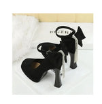 BIGTREE Women's Pointed Toe High Heels Back Bowknot Elegant Flock Ankle Strap Pumps for Women Black Dress Shoe Wedding Party