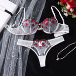 Women's White Red Rose Embroidered Underwear Set - French Romantic Date Intimate Women's Underwear ZA824026