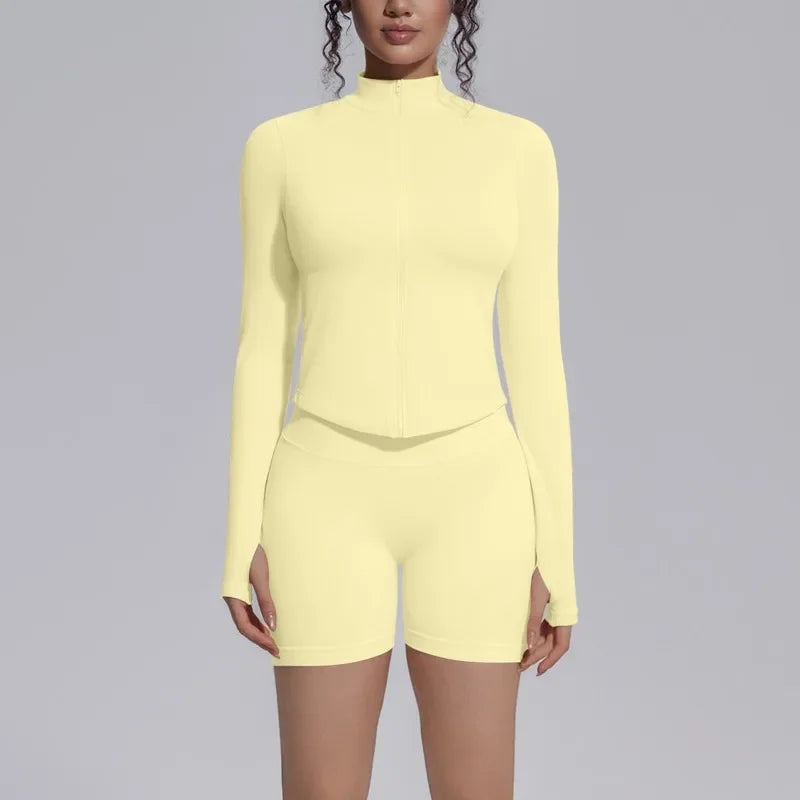 Women's Seamless Yoga Sets Sports Fitness Gym Zipper Long-Sleeve Jacket Hip Lift High-Waist Shorts Suits Workout Training Sets