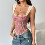 Retro French Jacquard Red Plaid Camisole 2026 Women Sexy Lace Trim Spliced Off Shoulder Chest Wrapped Fishbone Chest Party Tops