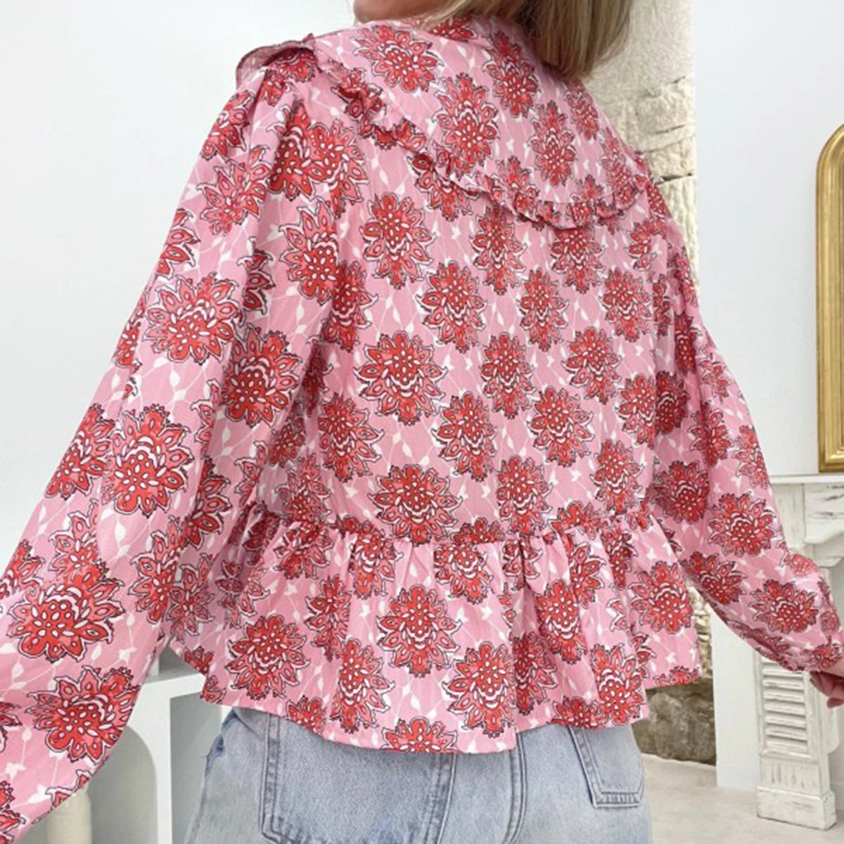 Floral Print Babydoll Tops for Women Casual Loose Doll Collar Open Front Tie-Up Ruffled Hem Long Sleeve Blouse for Fall