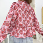 Floral Print Babydoll Tops for Women Casual Loose Doll Collar Open Front Tie-Up Ruffled Hem Long Sleeve Blouse for Fall