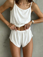 Women Pajama Set Camisole Top and Shorts 2pcs, White Soft Knit Loungewear, Summer Sleeveless Home Sleepwear