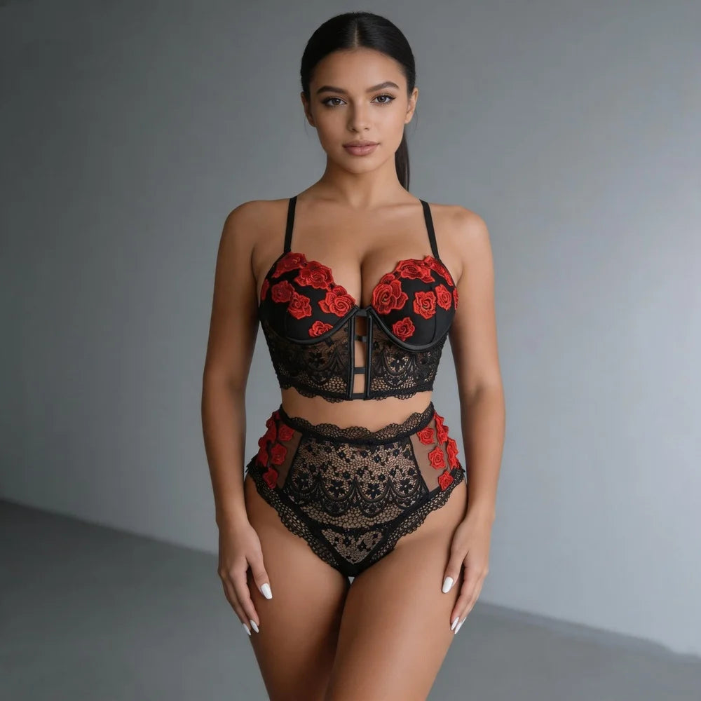 Rose Embroidered Lace Shapewear Set Longline Bustier High Waist Briefs Cutout Lingerie for Layering Bridal Boudoir Date Night