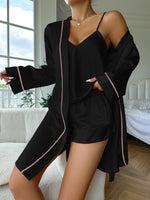 Simple Satin Elegant 3 Pcs Pajama Set For Women Long Sleeve Belted Robe V Neck Cami Top And Shorts Women's Sleepwear