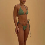 Beads 3Pcs Green Bikini Sexy Women Bandeau Biquini Female Swimsuit Push Up Swimwear Mesh Skirt Bathing Suits Cover Up Beachwear