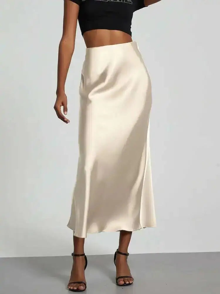 28 Colors New 2026 Women's Elegant High Waist Satin Long Skirts Female Summer Solid Color Faldas Fashion Women Skirts KBA3