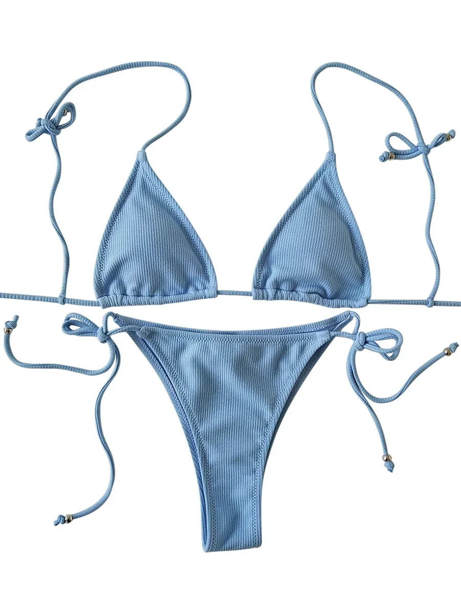 2025 Ribbed Micro Tiny Bikini Women Bandage String Swimsuit Female Swimwear Two Pieces Bikini Set Brazilian Bathing Suit Swim