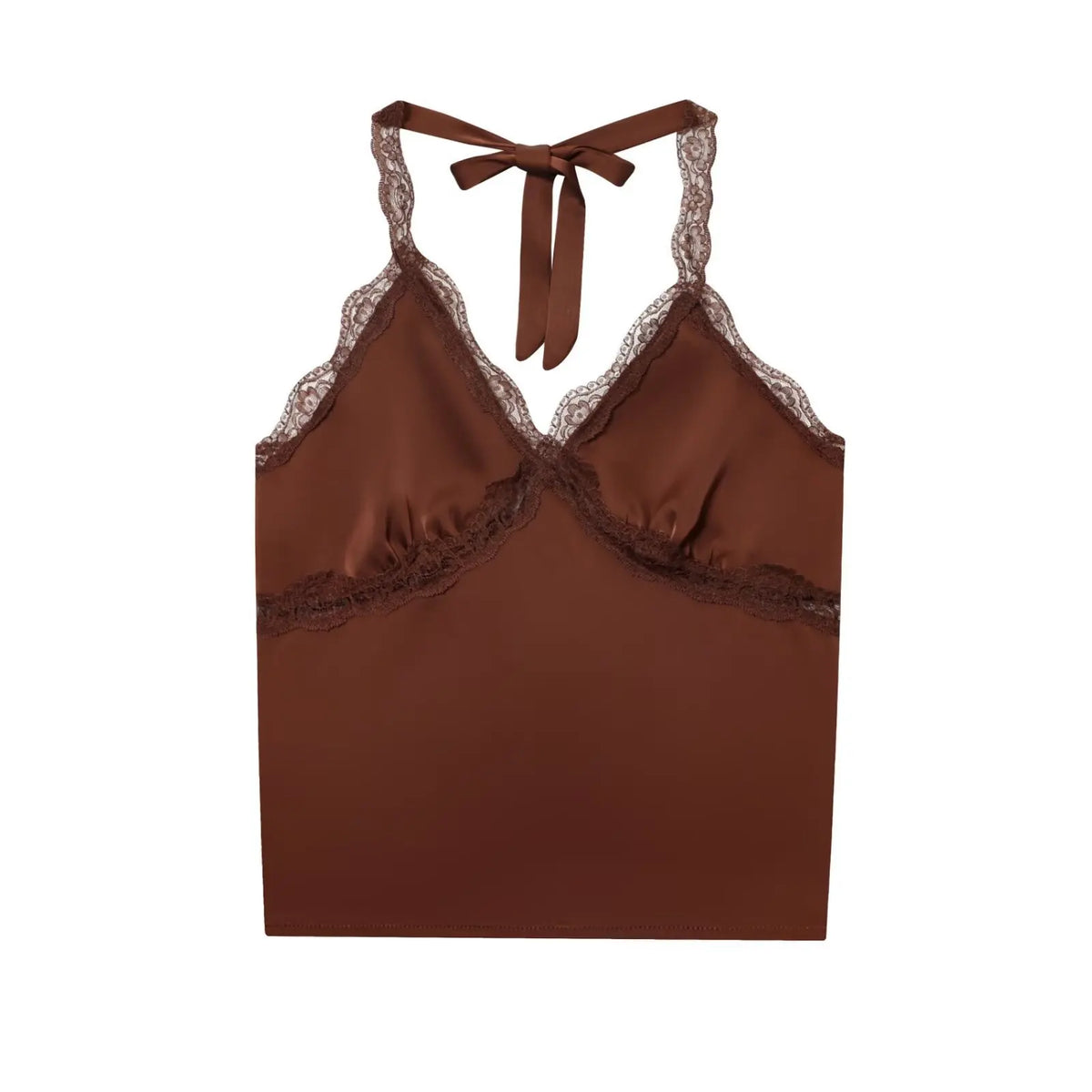 Women's Fashionable Casual Lace Halter V-Neck Double-Sided Satin Short Backless Solid Color Camisole For Woman Lace Trimmed 8BZO