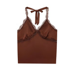 Women's Fashionable Casual Lace Halter V-Neck Double-Sided Satin Short Backless Solid Color Camisole For Woman Lace Trimmed 8BZO