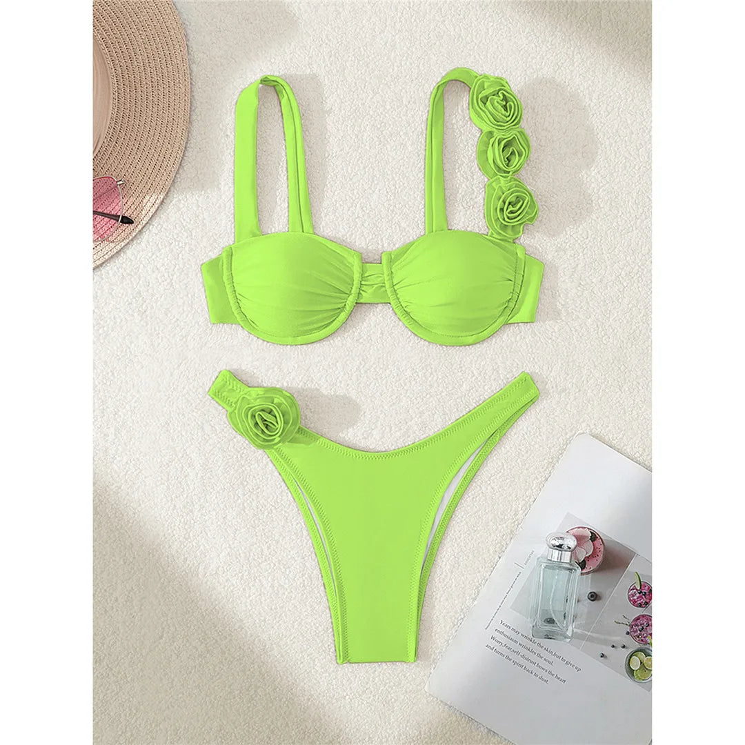 Sexy 3D Flowers Underwired Bikini Women Swimwear Female Swimsuit Two-Pieces Bikini Set Brazilian Bather Bathing Suit Swim V7970
