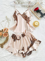 Summer 2-piece Leopard Printed Pajama Set for Women Sexy Ice Silk Stain Casual Crop Tops and Shorts Sleepwear Lounge