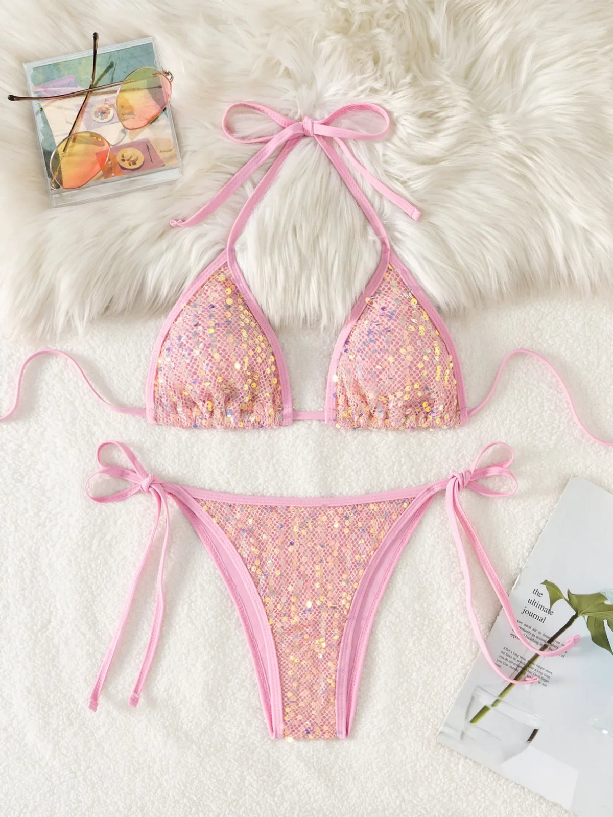 Shiny Sequin White Bikini Set 2026 Women Sexy Push Up Bra Tie Side Triangle Swimsuit Brazilian Holiday Bathing Suit Swimwear