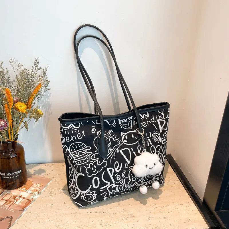 Large Capacity Printed Tote Bag, Fashion and Versatile Casual Single Shoulder Handbag with Pendant, College Style Women's Bags