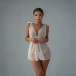 Polka Dot Mesh Babydoll Set V Neck Lace Waist Tie Straps Sheer Sleepwear for Home Lounging Bridal Honeymoon Anniversary Night