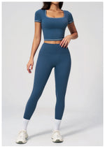 2PC Color Contrast Yoga Suit Women Short Sleeve Square Collar Slim Sports Top Fitness Suits Outdoor Exercise Leggings Tracksuit