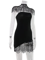 Ahagaga Sexy Women's Mini Dresses Solid Patchwork Lace Slash Sleeveless Sheath Bodycon Sheer Regular Casual Streetwear Vestidos