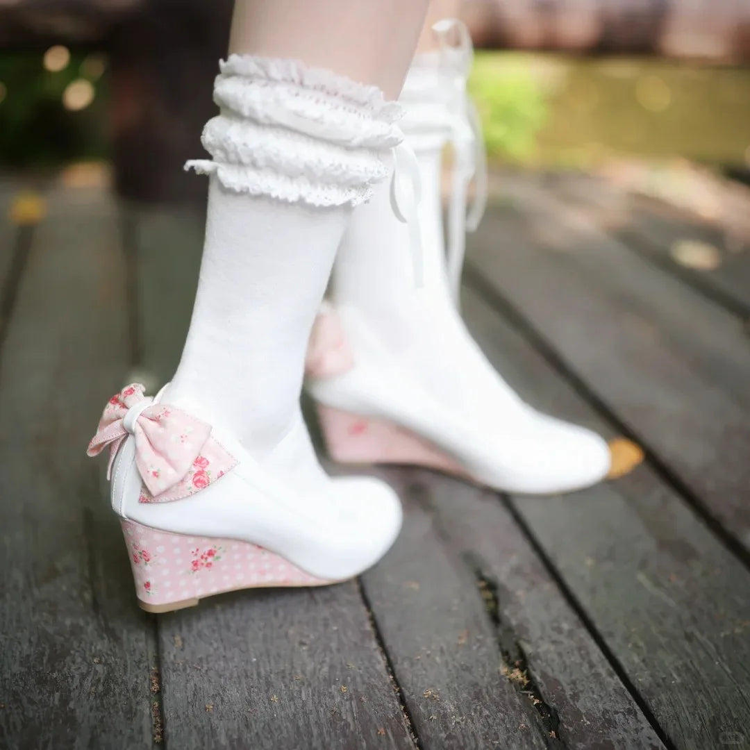 New High Heel Lolita Wedge Pumps Daily Floral Polka Dot Print Sweet Vintage Dress Heels Bow Tie Tea Party Cosplay Wedding Shoes