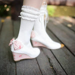 New High Heel Lolita Wedge Pumps Daily Floral Polka Dot Print Sweet Vintage Dress Heels Bow Tie Tea Party Cosplay Wedding Shoes