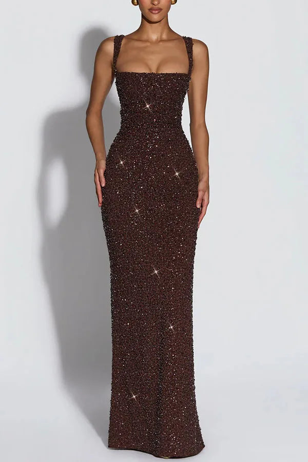 Women's Sequin Maxi Dress Burgundy Square Neck Sleeveless Bodycon Evening Gown Formal Party Prom Cocktail Mermaid Long Dresses