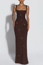 Women's Sequin Maxi Dress Burgundy Square Neck Sleeveless Bodycon Evening Gown Formal Party Prom Cocktail Mermaid Long Dresses