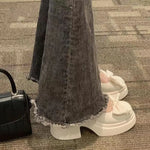 Women's Pearl Bow Platform Mary Jane Shoes Chunky Block Heel Sweet Lolita Japanese Style Casual Dress Shoes