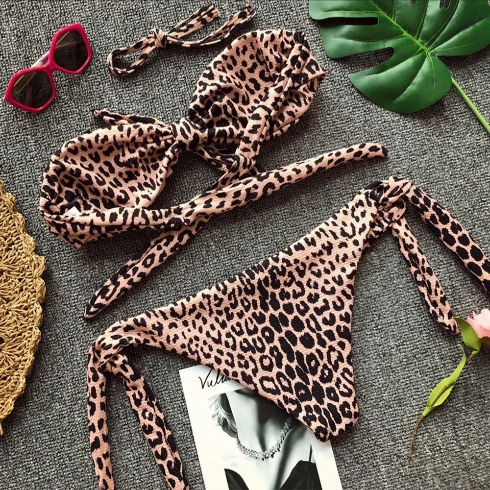 Ribbed Knotted Polka Dot Bikini 2025 Women Strapless Bandeau Swimsuit Female Swimwear Two Pieces Bikini Set Bathing Suit Swim