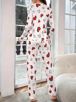 Autumn Winter Pajama Set for Women Sleepwear Heart Print Knitted Round-Neck Loose Tops and Elastic Long Pants Loungewear