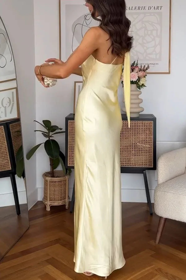 Sweet And Fresh Party Prom Dresses Women Light Yellow Slant Collar Off Shoulder Package Hip Slim Banquet Dress Elegant Socialite
