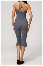 Summer New Yoga Clothing Women Solid V Neck Slim Sports Tank Top Athletic Wear High Waist Butt Lift Mid Pants Gym Fitness Suits
