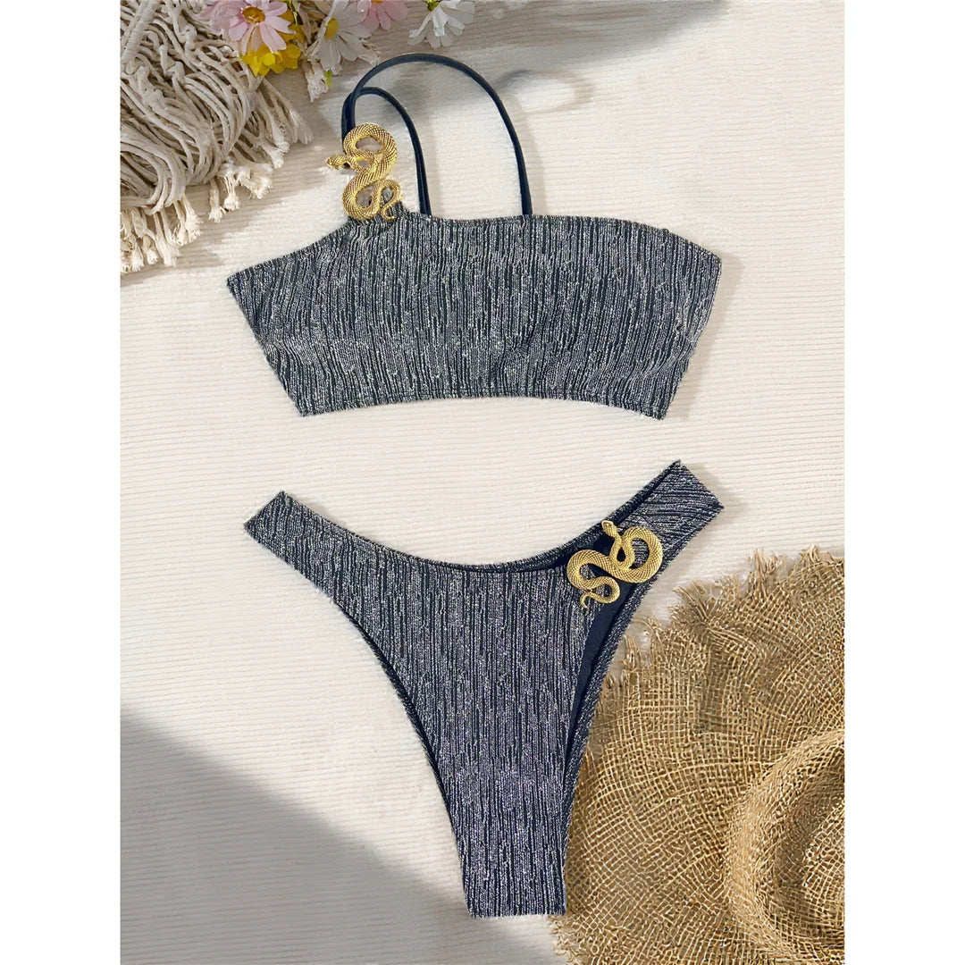 S - XL Glitter Sparkling One Shoulder Bikini Female Swimsuit Women Swimwear Two-pieces Bikini set Bather Bathing Suit Swim K7316