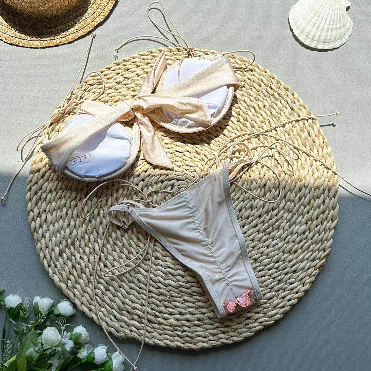 Sexy Pink Flower Embroidery Print Swimsuit Women 2025 Sexy Underwire Drawstring Bikini Set Summer Beach Bathing Suit Swimwear