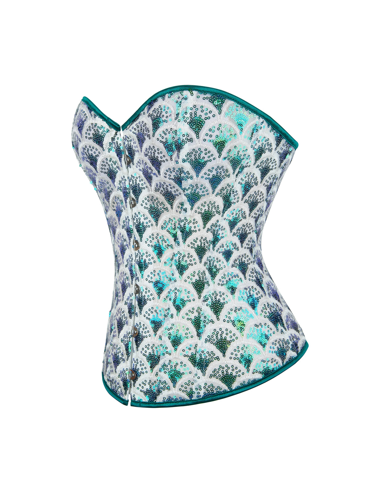 Women’s New Peacock Green Sequin Corset, Strapless Boned Bustier Top, Push-up Waist Cinching Shapewear with Fish Scale