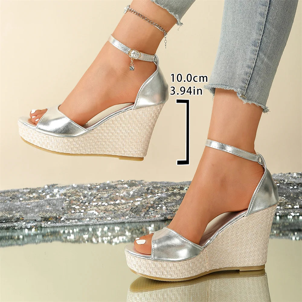 EUR Size 43 Leisure Espadrille Wedge Sandals Women Summer Chunky High Heels Shoes Silver White Platform Ankle Strap Sandals
