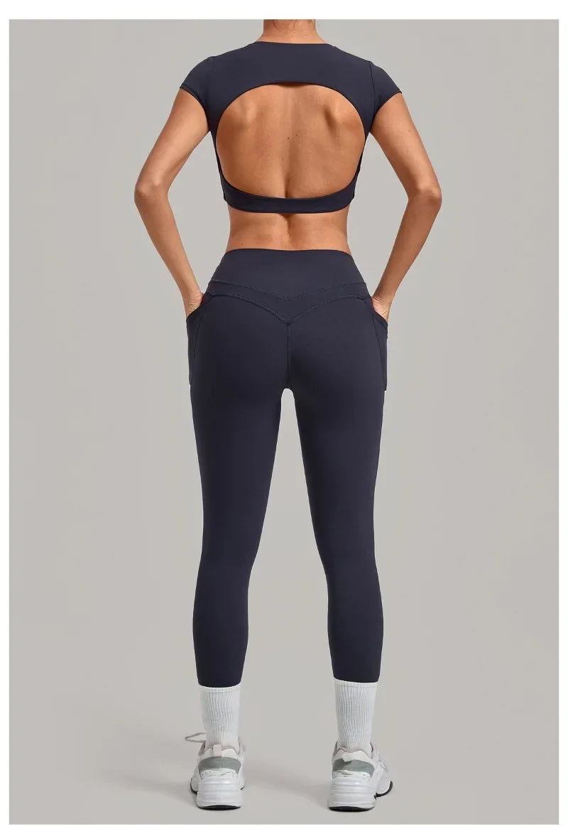 Women's Seamless Yoga Sets Sports Running High Waist Hip-lifting Pants Backless Short-sleeve Suits Workout Fitness Leggings Sets