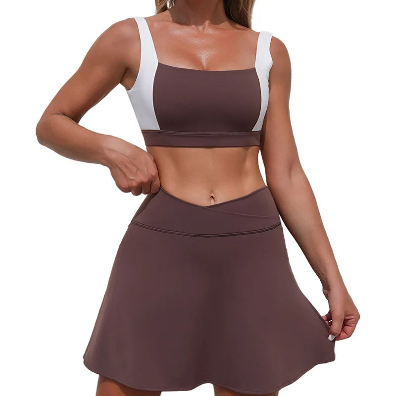 Women's Seamless Yoga Set Bra Short-skirt 2 Piece Set Slim Fit High Waist Beautiful Back Tracksuit Sports Running Fitness Suit